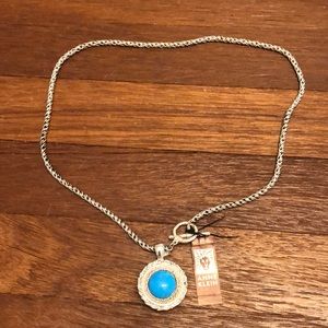 Anne Klein Vintage Blue Stone Pendant Necklace Silver Tone Chain Toggle Clasp